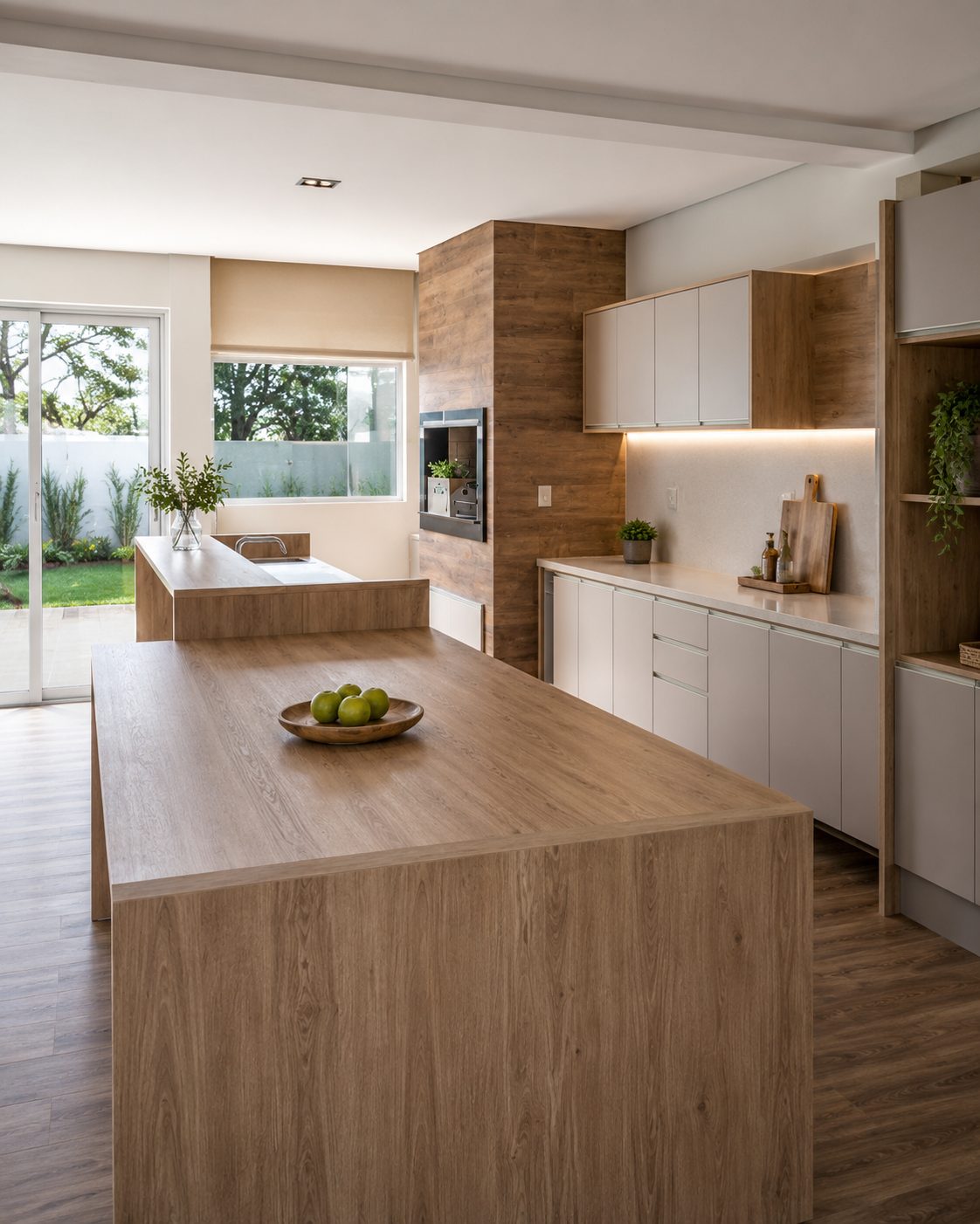 Cozinha planejada integrada com ilha de madeira e luz natural