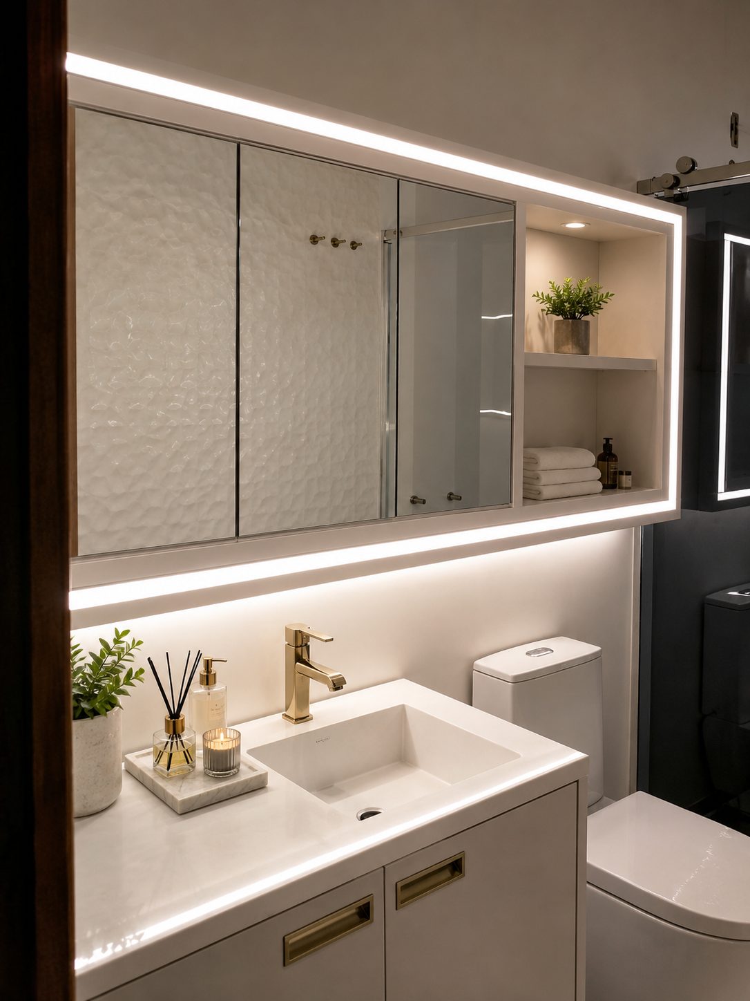 Banho planejado com espelheira iluminada e metais dourados